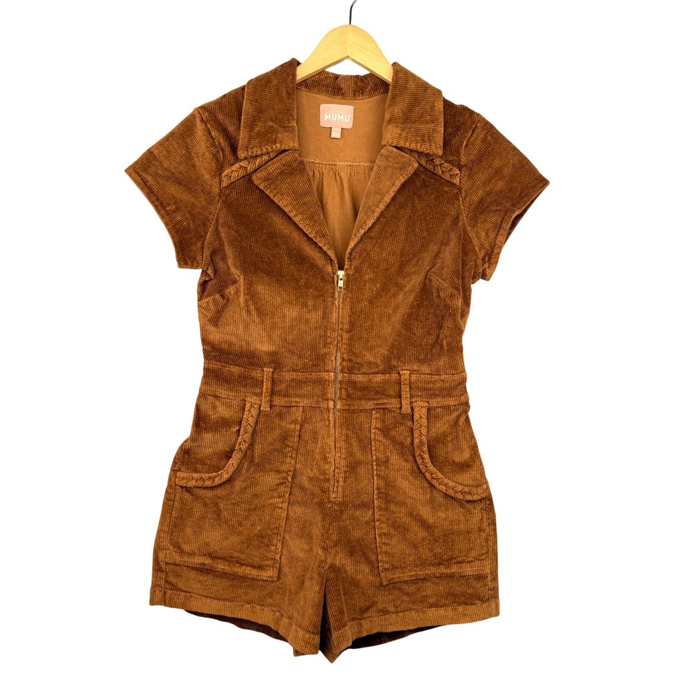 Show Me Your Mumu Romper Women Large Brown Corduroy Short Sleeve Zip Front Braid